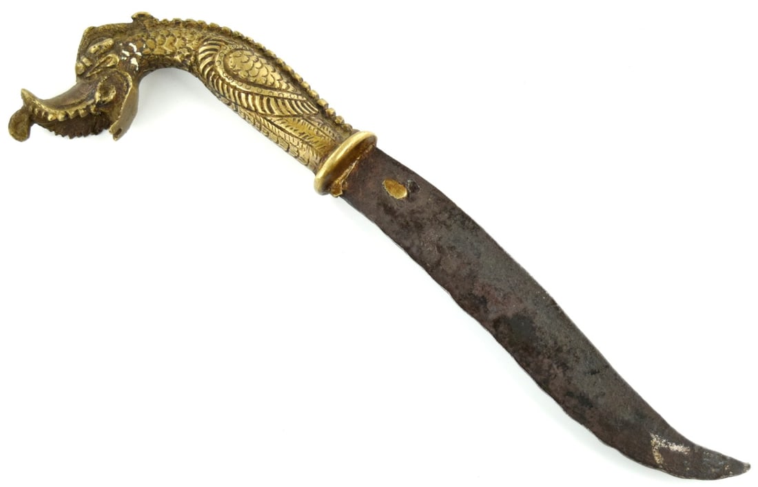 Antique Indian Brass Zoomorphic-Hilt Dagger / Knife: Antique Indian dagger/knife with a distinctive cast brass hilt formed as a stylized zoomorphic head (dragon/crocodile-like), with pronounced teeth, eye detail, and scaled texturing along the grip. The