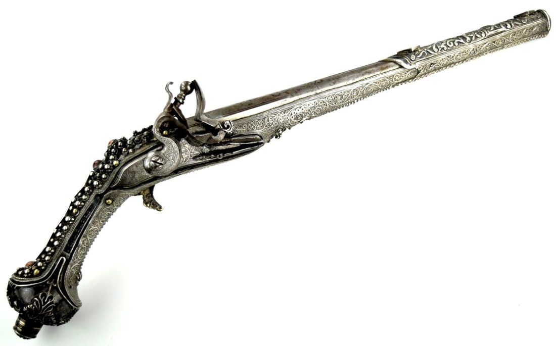 Large Late 18th Early 19th C Silver-Mounted Ottoman/Turkish Miquelet Flintlock Pistol (1 of 20)