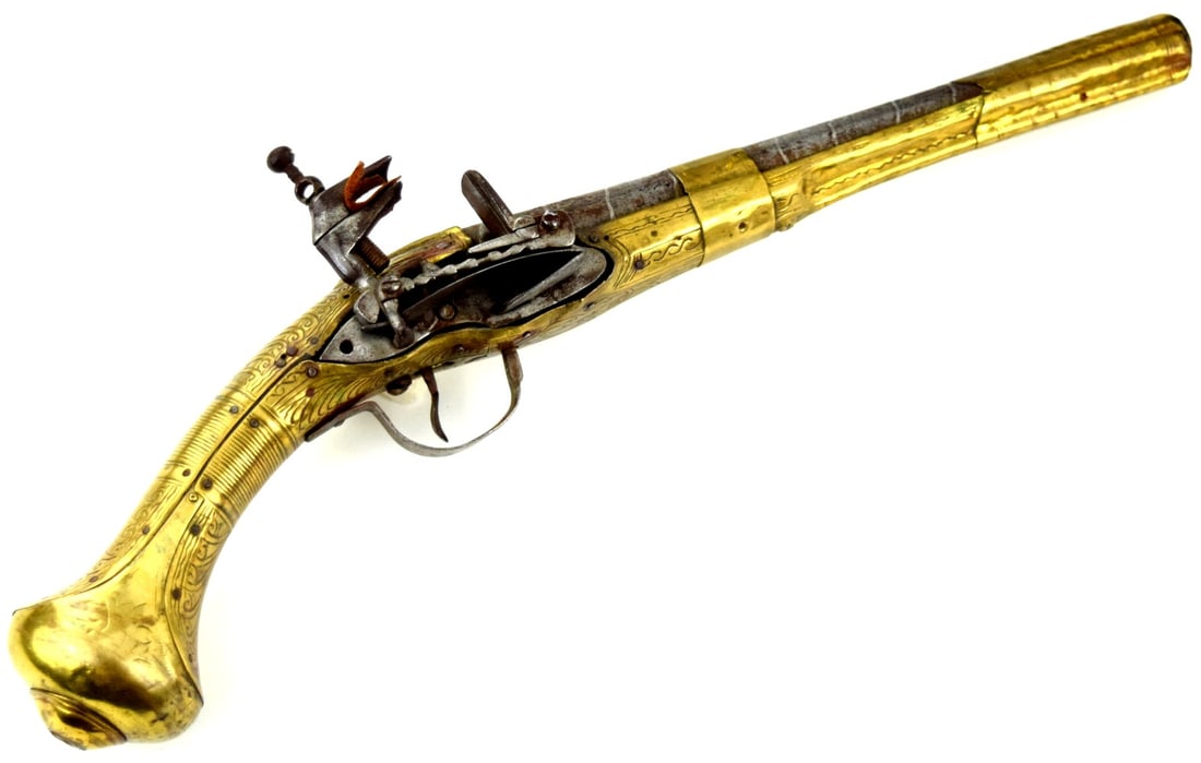 18th - 19th Century Balkan / Ottoman Miquelet Flintlock Pistol Brass-Mounted, (1 of 16)