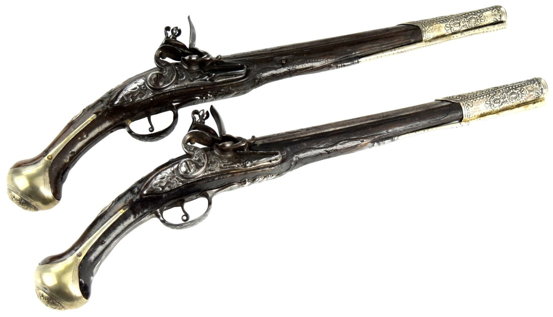 A PAIR of Antique Silver and Iron Mounted Ottoman Empire / Turkish Flintlock Sash Pistols (1 of 19)