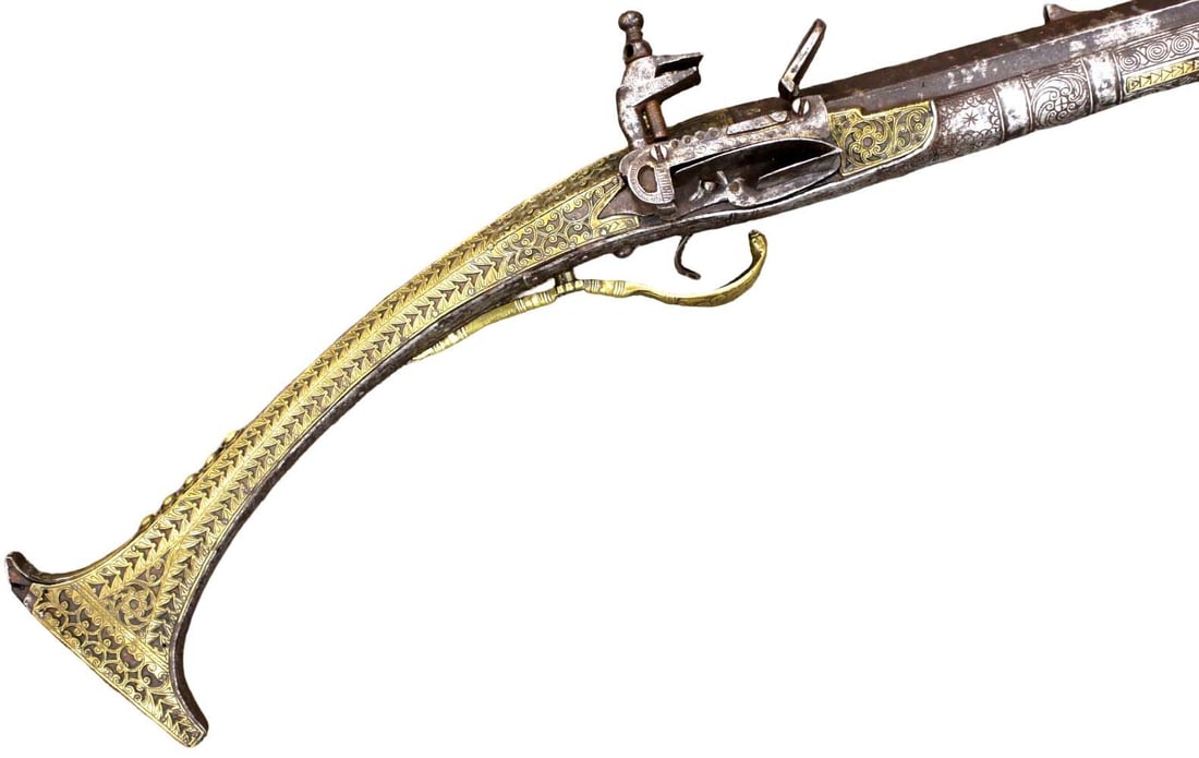 Rare Islamic Ottoman Balkan Albanian TANCICA Miquelet Musket in Ornate Brass & Chiseled Iron (1 of 20)