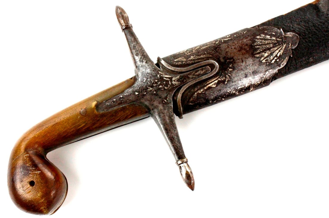 Very Good 18th-19th C. Islamic Ottoman Turkish PALA Kilij Sword with Gold Inlaid Vicious Broad Blade: Very Good 18th-19th C. Islamic Ottoman Turkish PALA Kilij Sword with Gold Inlaid Vicious Broad Blade & Silver Damascened Iron Mounts. Fine Grips. Total length (inside scabbard if present): 34 3/4", Bl
