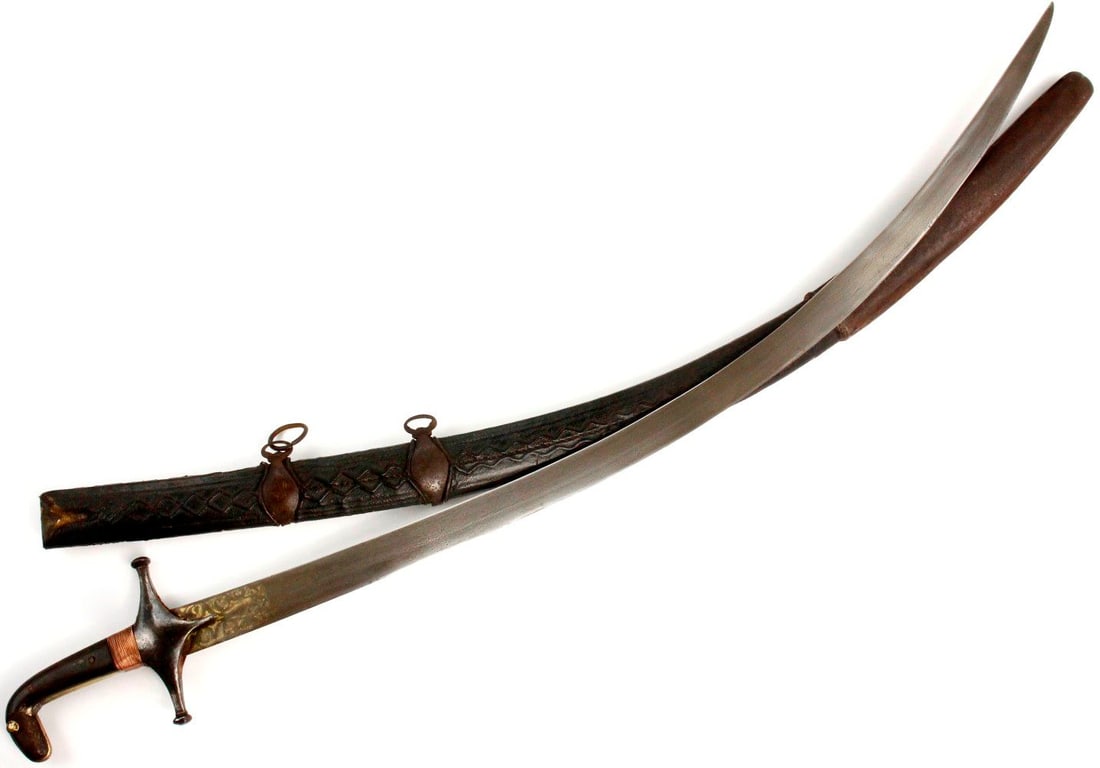 Nice 18th-19th C. Islamic Indian or Persian SHAMSHIR Sword with Chiseled & Gold Inlaid Damascus: Nice 18th-19th C. Islamic Indian or Persian SHAMSHIR Sword with Chiseled & Gold Inlaid Damascus Blade & Iron Mounts. Total length (inside scabbard if present): 38 3/4", Blade length: 32 1/2". Detailed