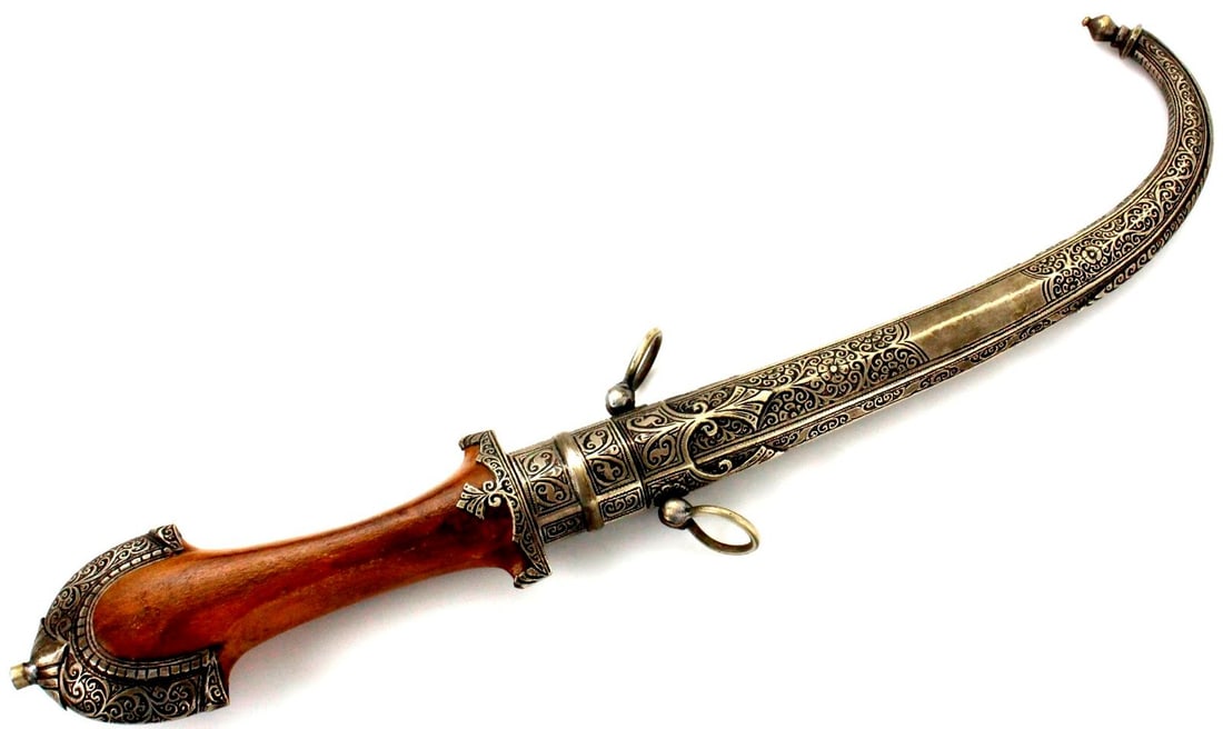 Very Nice Antique Islamic Moroccan Arabic Arab KOUMIYA Dagger with Ornate Heavily Engraved Silver: Very Nice Antique Islamic Moroccan Arabic Arab KOUMIYA Dagger with Ornate Heavily Engraved Silver Mounts. Total length (inside scabbard if present): 16 1/8", Blade length: 9". Detailed condition repor