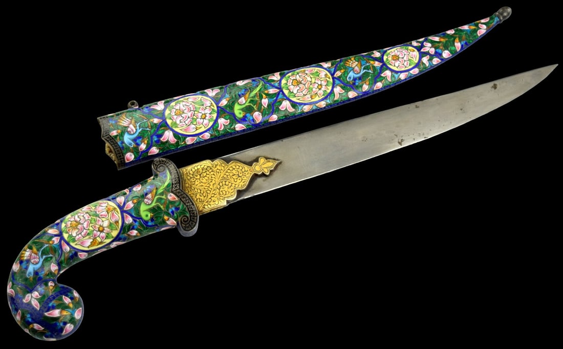 Rare Antique Mughal / Indo-Persian Enameled Dagger (Khanjar) with Matching Scabbard (1 of 20)