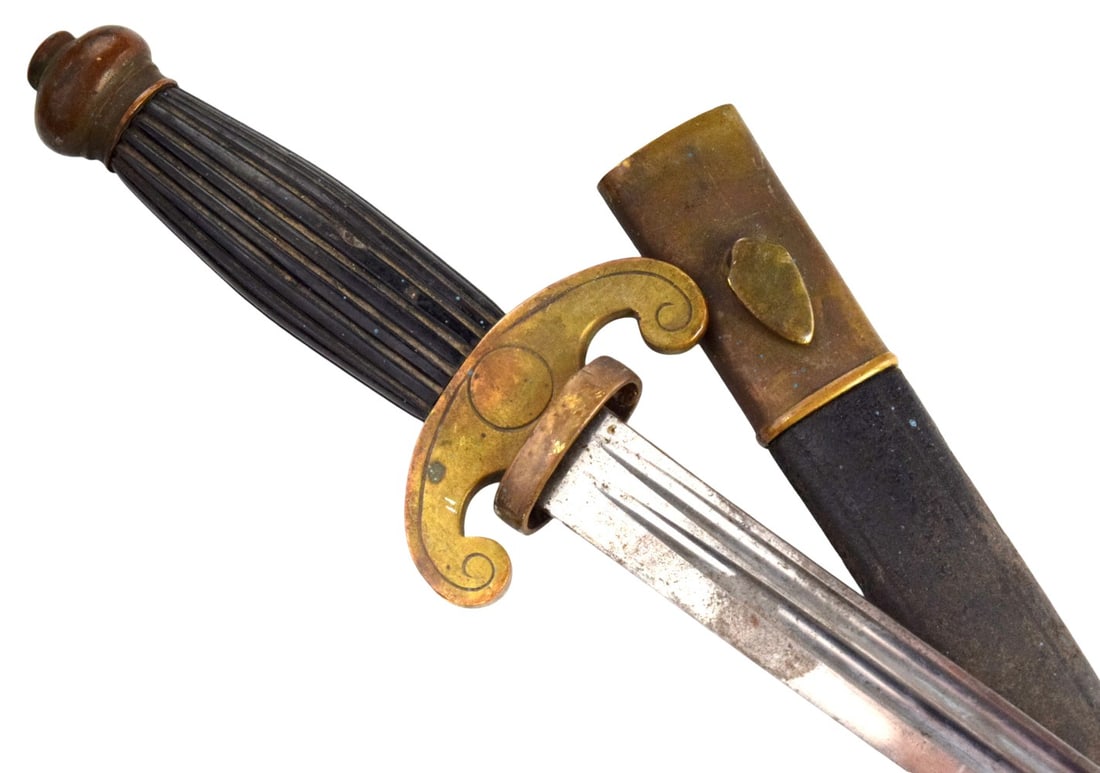 19th C. French Fireman Officer's Sidearm Short Sword Dagger in Brass Furniture: 19th C. French Fireman Officer's Sidearm Short Sword Dagger in Brass Furniture Total length (inside scabbard if present) :21 ", Blade length : 15 5/8". ~ . Detailed condition reports are not