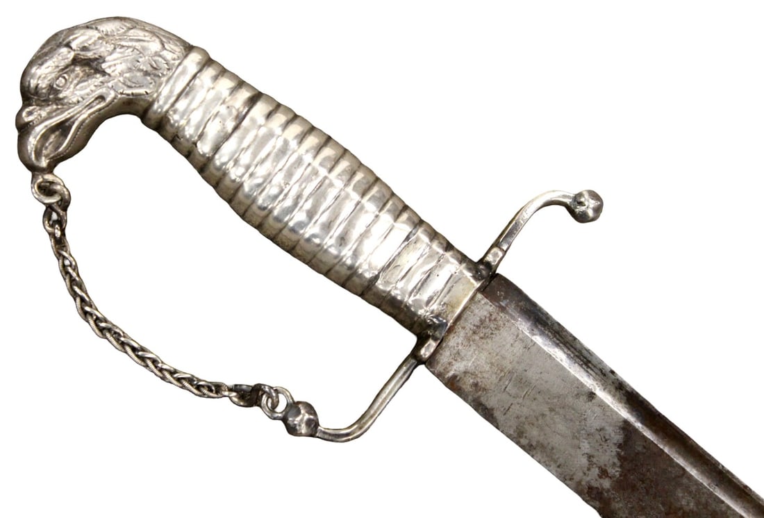 US Revolutionary War Period Eagle-Head Officers / Militia Saber with Ribbed Silver Hilt & Chain: Antique saber featuring an silver eagle-head pommel with crisply modeled feather and head details, paired with a ribbed, wrapped grip and a knuckle-bow with chain guard. maker marked by Barry. EXTREME