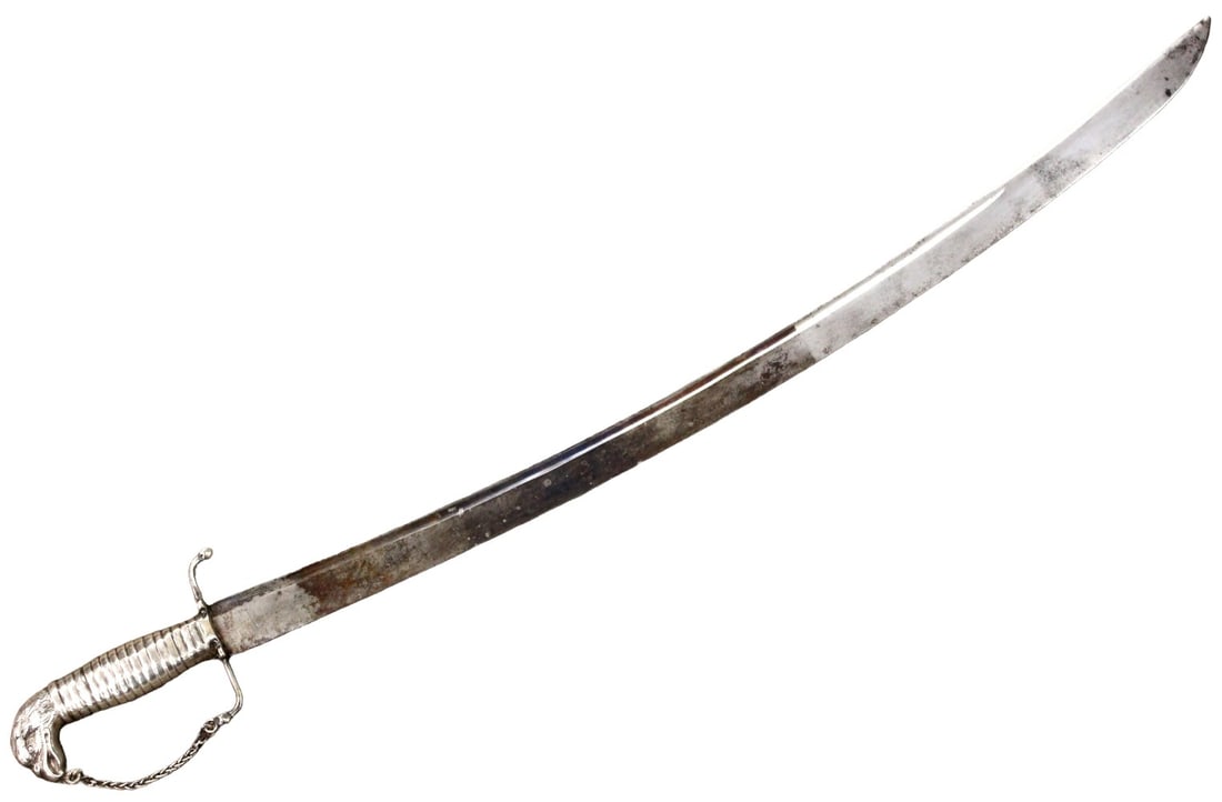 US Revolutionary War Period Eagle-Head Officers / Militia Saber with Ribbed Silver Hilt & Chain - 3