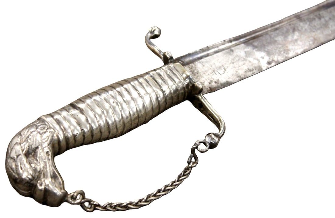 US Revolutionary War Period Eagle-Head Officers / Militia Saber with Ribbed Silver Hilt & Chain - 4