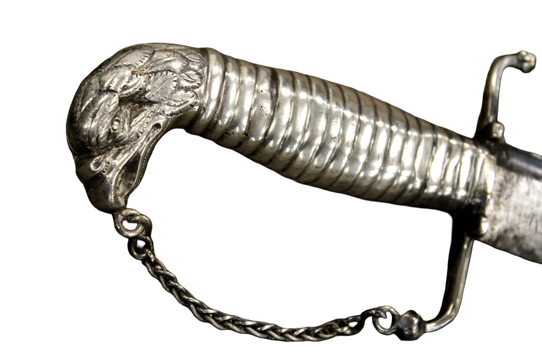 US Revolutionary War Period Eagle-Head Officers / Militia Saber with Ribbed Silver Hilt & Chain - 5