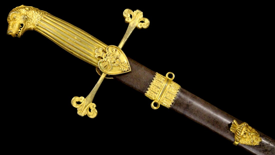 Very Rare Late 18th - Early 19th C. Spanish Guard Officers Sword with nice Guard & Mounted: Very Rare Late 18th - Early 19th C. Spanish Guard Officers Sword with nice Guard & Mounted.Elegant, very Rare sword, featuring a finely cast gilt hilt with fluted grip and animal-head pommel. The