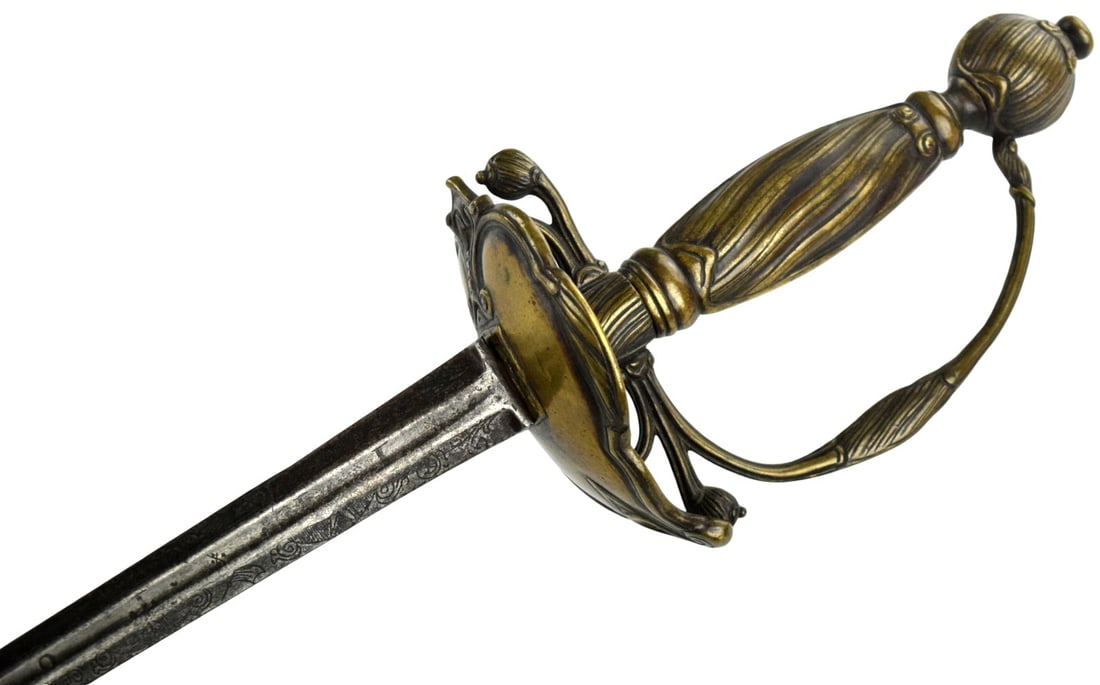 Fine 18th C. French or Spanish Nobleman's Rapier Sword with engraved blade: Fine 18th C. French or Spanish Nobleman's Rapier Sword with engraved blade wih some inscribtion along the length of it. Total length (inside scabbard if present) : 35 1/2", Blade length : 29 1/4". ~