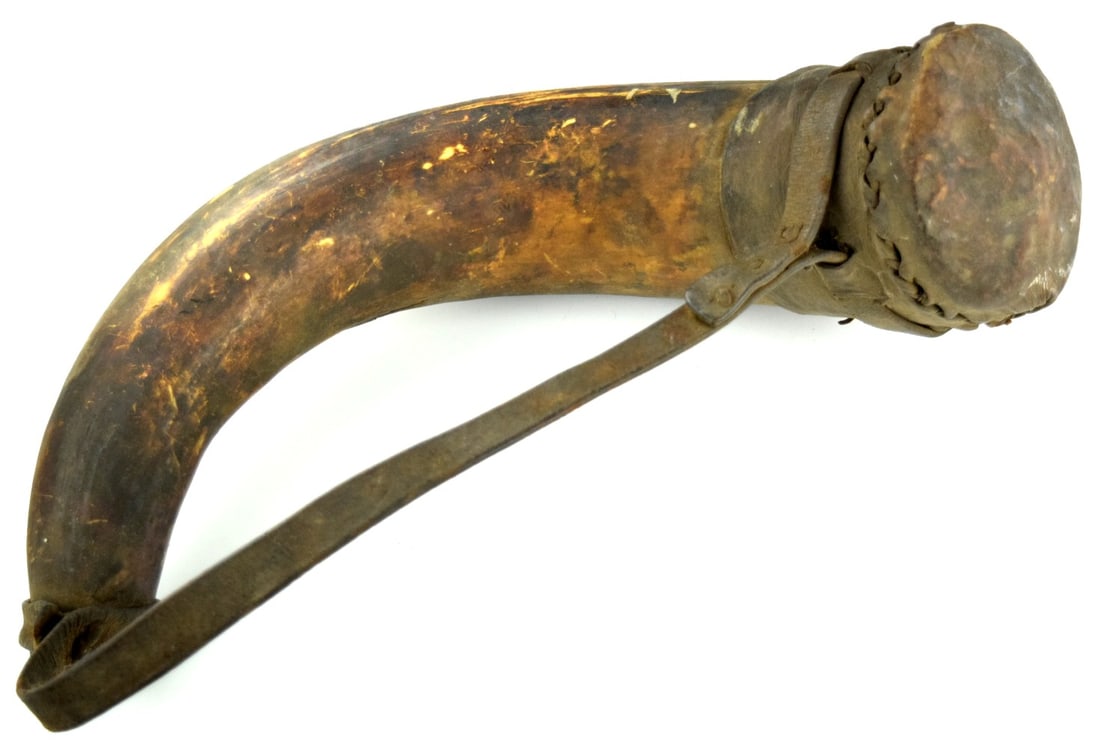 Antique Large Black Powder Horn Flask w/ Leather End-Cap & Carry Strap for Cannon: Large curved horn powder horn for cannon, likely 18thâ??19th century, used for carrying black powder for flintlock/percussion firearms. The body is a naturally formed horn with attractive, mottled pa