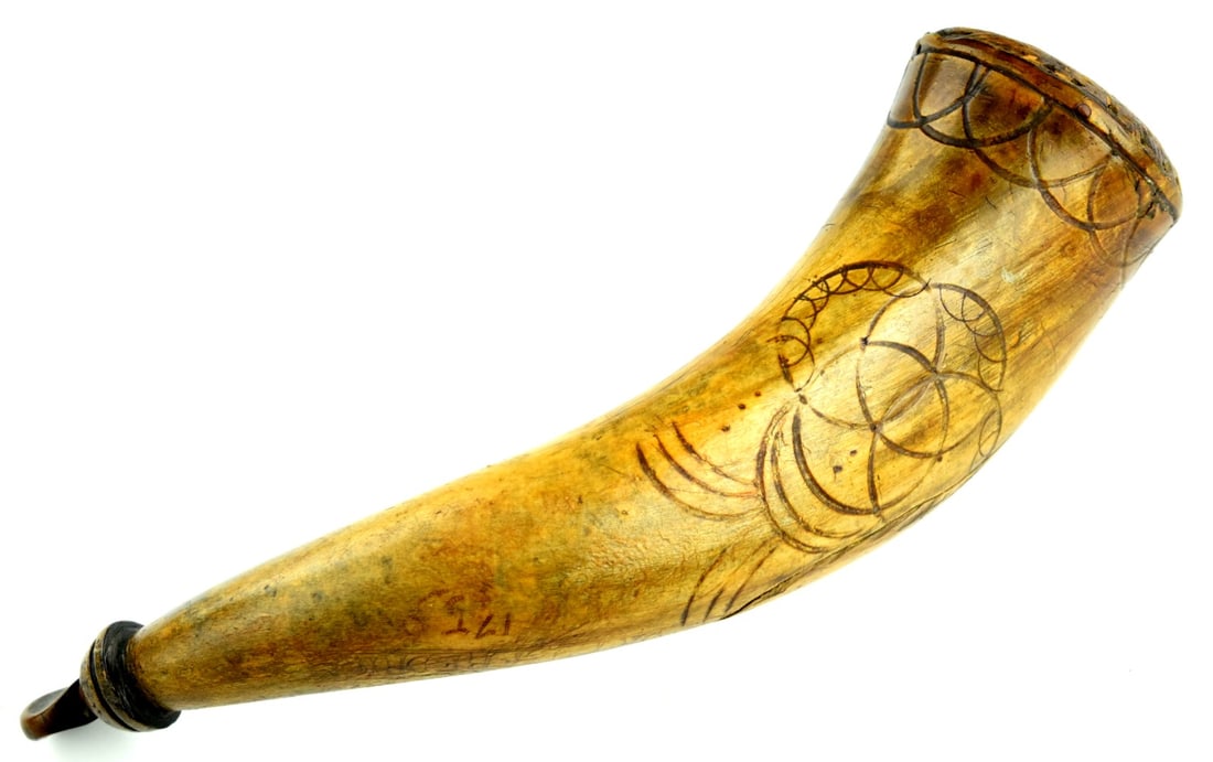 Original French and Indian War Personalized Powder Horn Fort Frederick: Very rare original French and Indian War dated 1759 personalized powder horn with Fort Frederick map inscribed and Georg Monk owner name. Built in 1756 - 1757, Fort Frederick in western Maryland serve