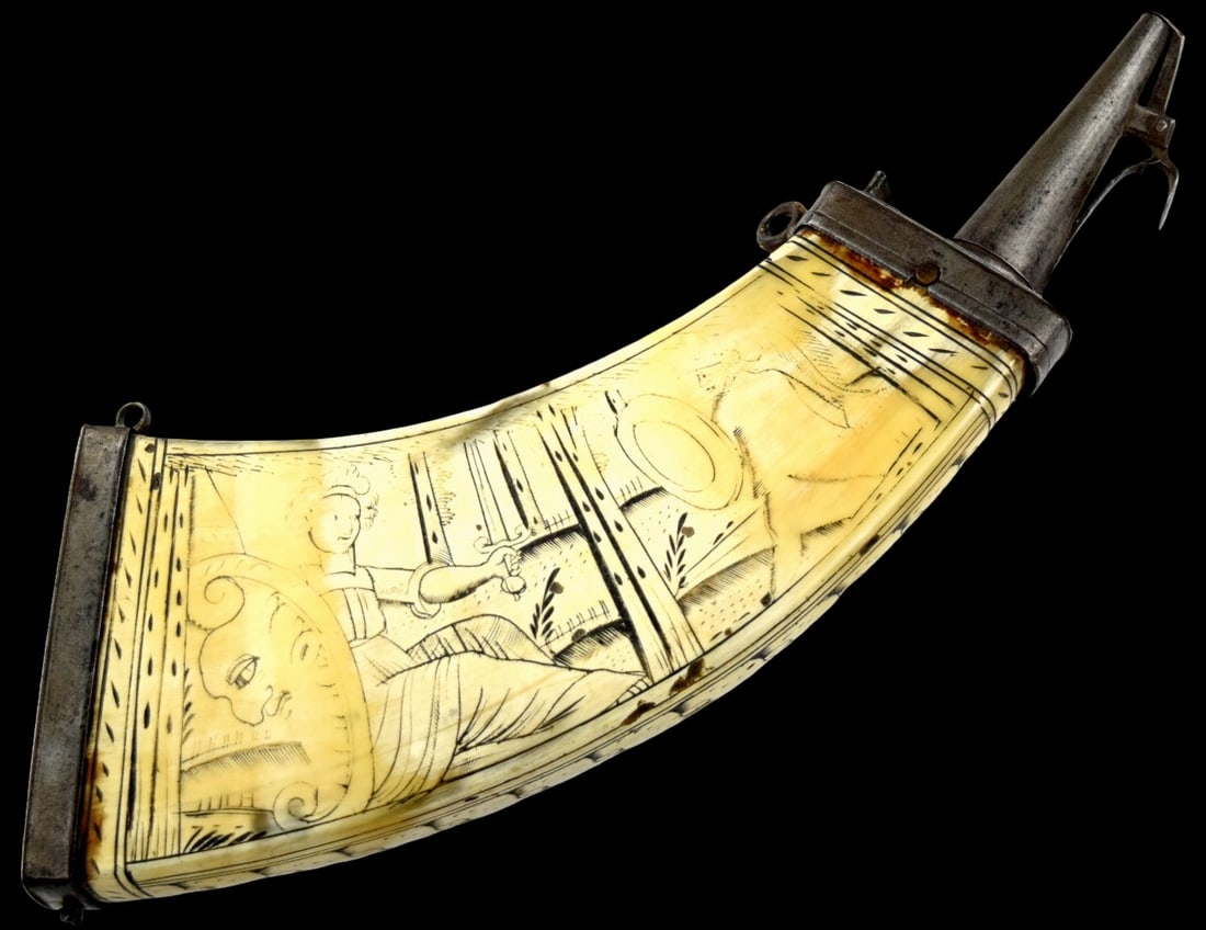 Scarce 17th-18th C. German or Italian Powder Horn Flask with Etched Artwork.: Scarce 17th-18th C. German or Italian Powder Horn Flask with Etched Artwork and original braided shoulder-strap Size: 12 1/4", widest part is 4". ~ . Detailed condition reports are not included in thi