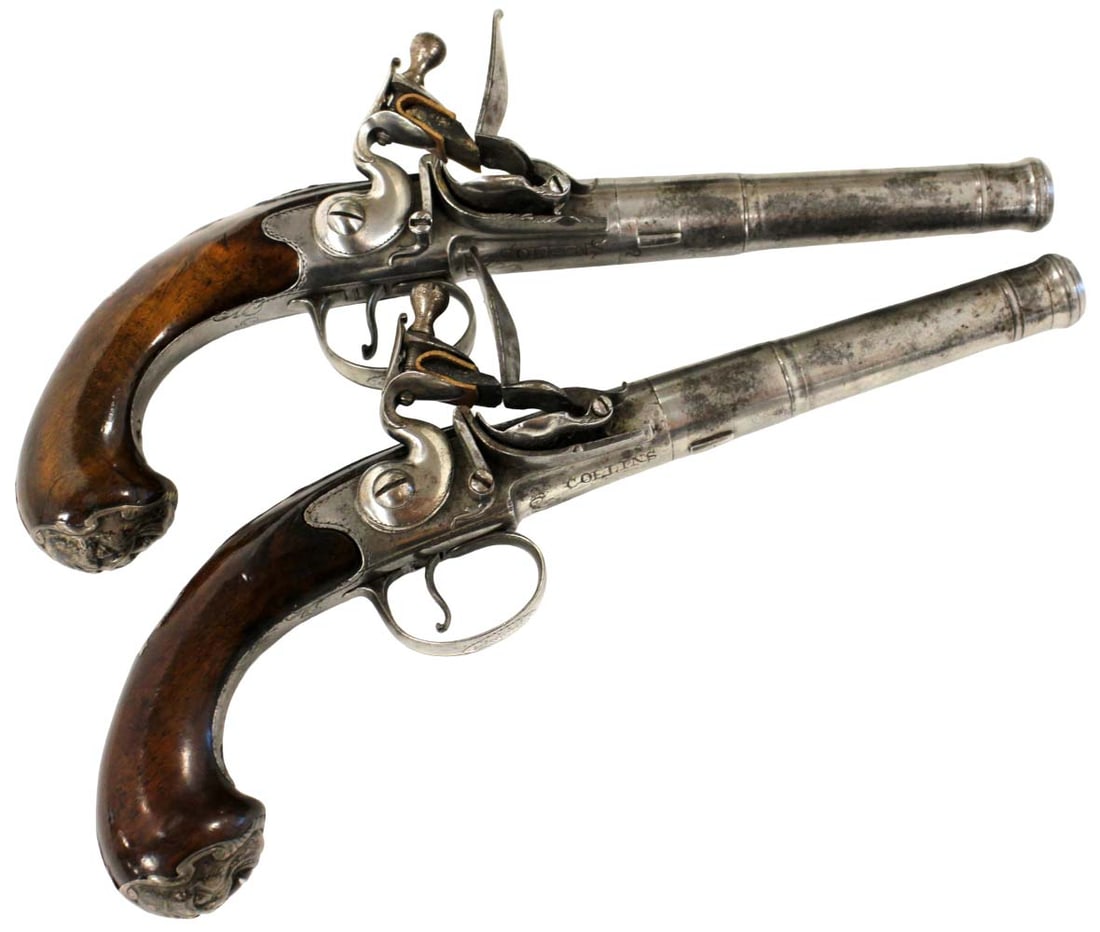 A RARE PAIR OF IRISH 20 BORE FLINTLOCK SILVER-MOUNTED TURN-OFF PISTOLS BY COLLINS (1 of 20)