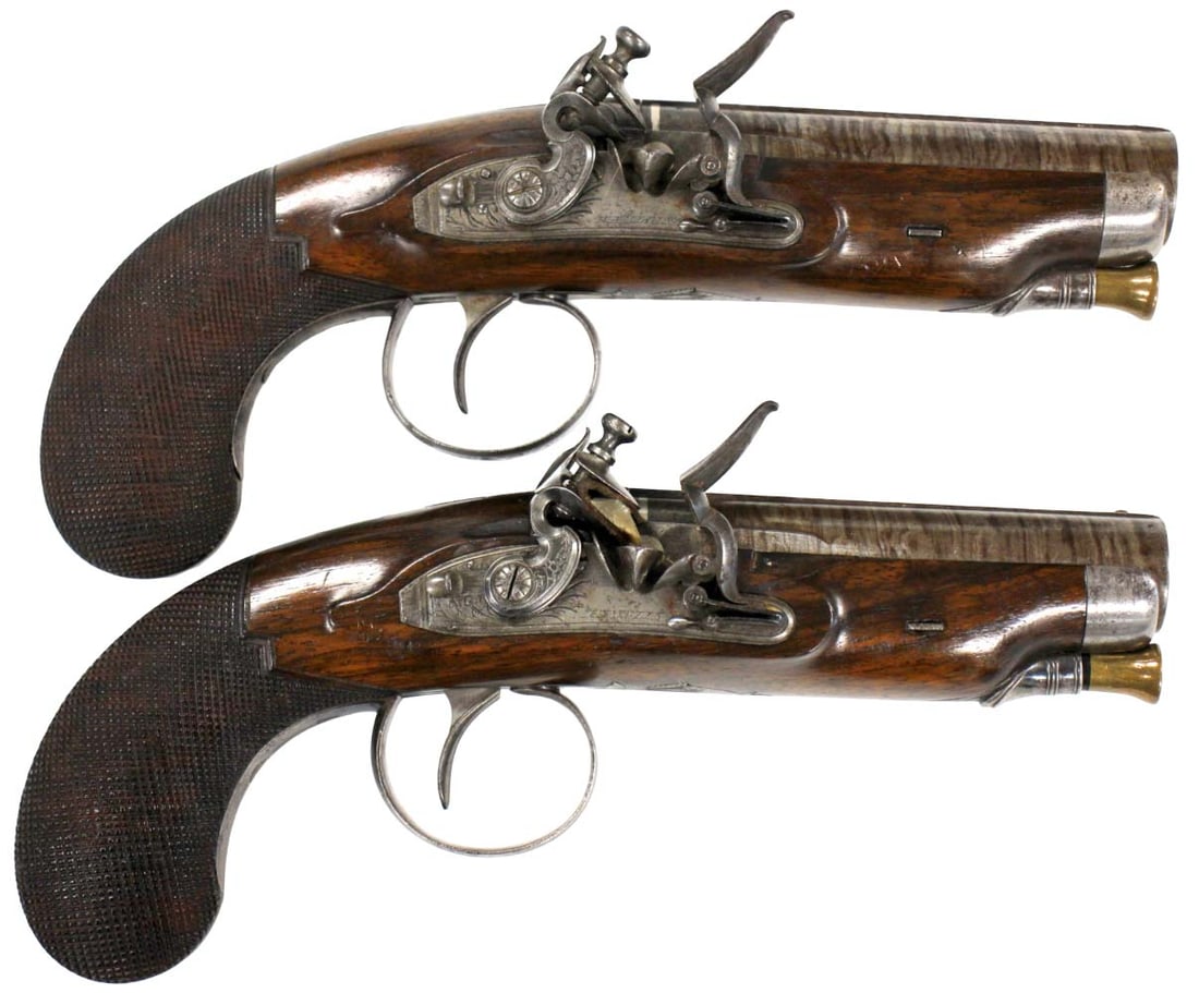 A PAIR OF 20 BORE FLINTLOCK TRAVELLING PISTOLS SIGNED HAMBLING, BIRMINGHAM PROOF MARKS, CIRCA 1830 (1 of 20)