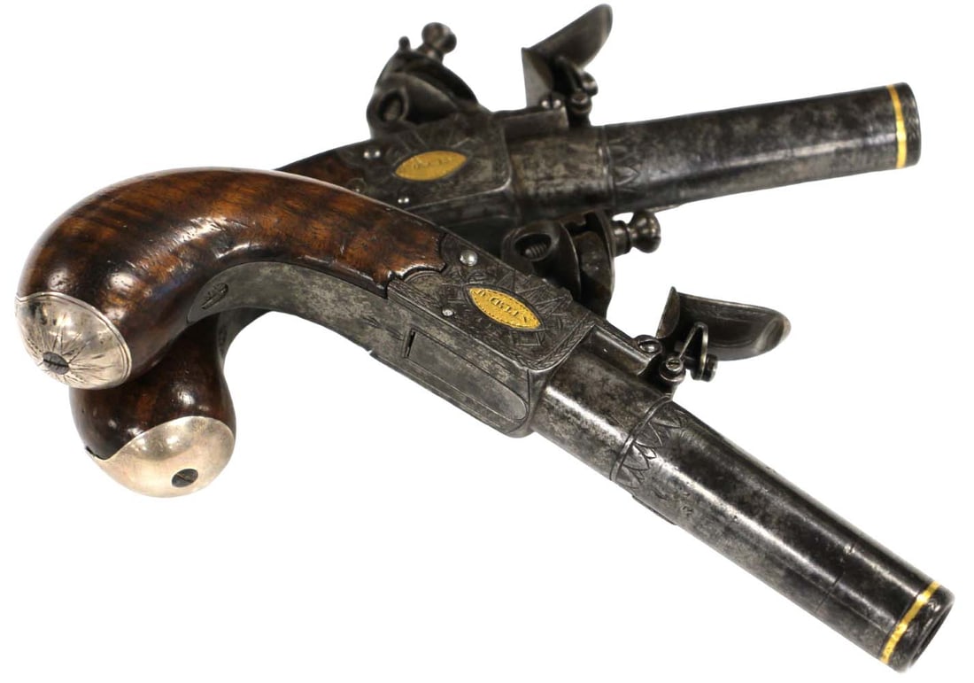 A PAIR OF IRISH 40 BORE FLINTLOCK BOX-LOCK OVERCOAT PISTOLS, BY FOWLER, DUBLIN, CIRCA 1800 (1 of 12)