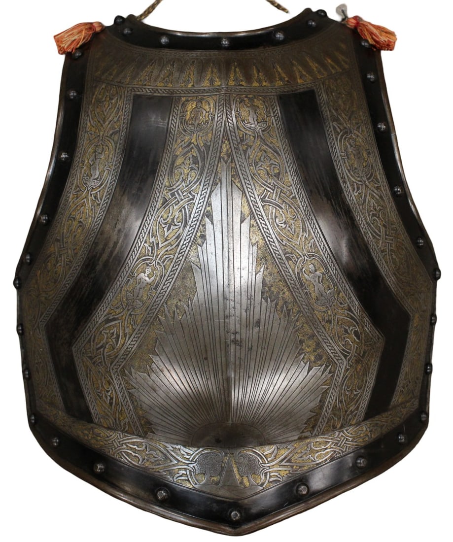 Important Saxon or German military order exhibition breastplate, circa 18th century: Important Saxon or German military order exhibition breastplate, circa 18th century. Excellent etched panels with original gilt backgrounds and bands of black to the borders. The lowermost section of