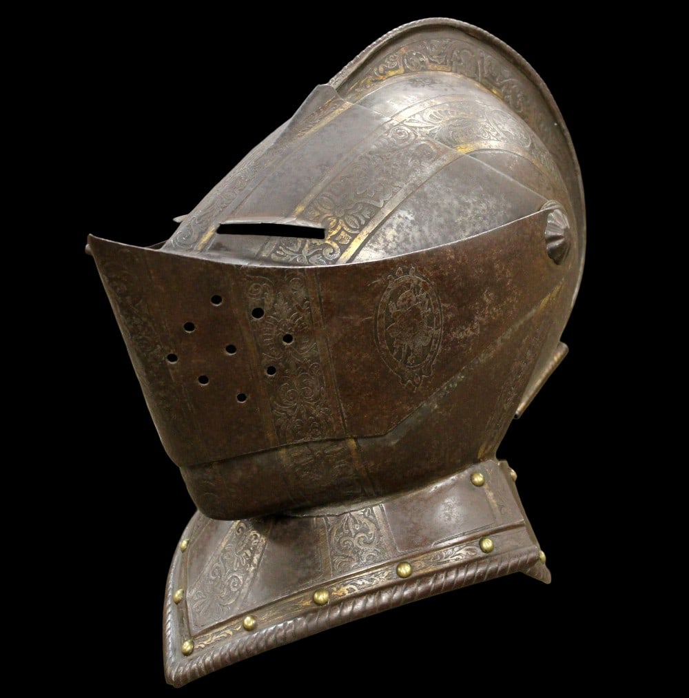 16th-17th C. Italian Close Helmet ~ Two piece visor, Hand-finished steel with etched decoration (1 of 20)