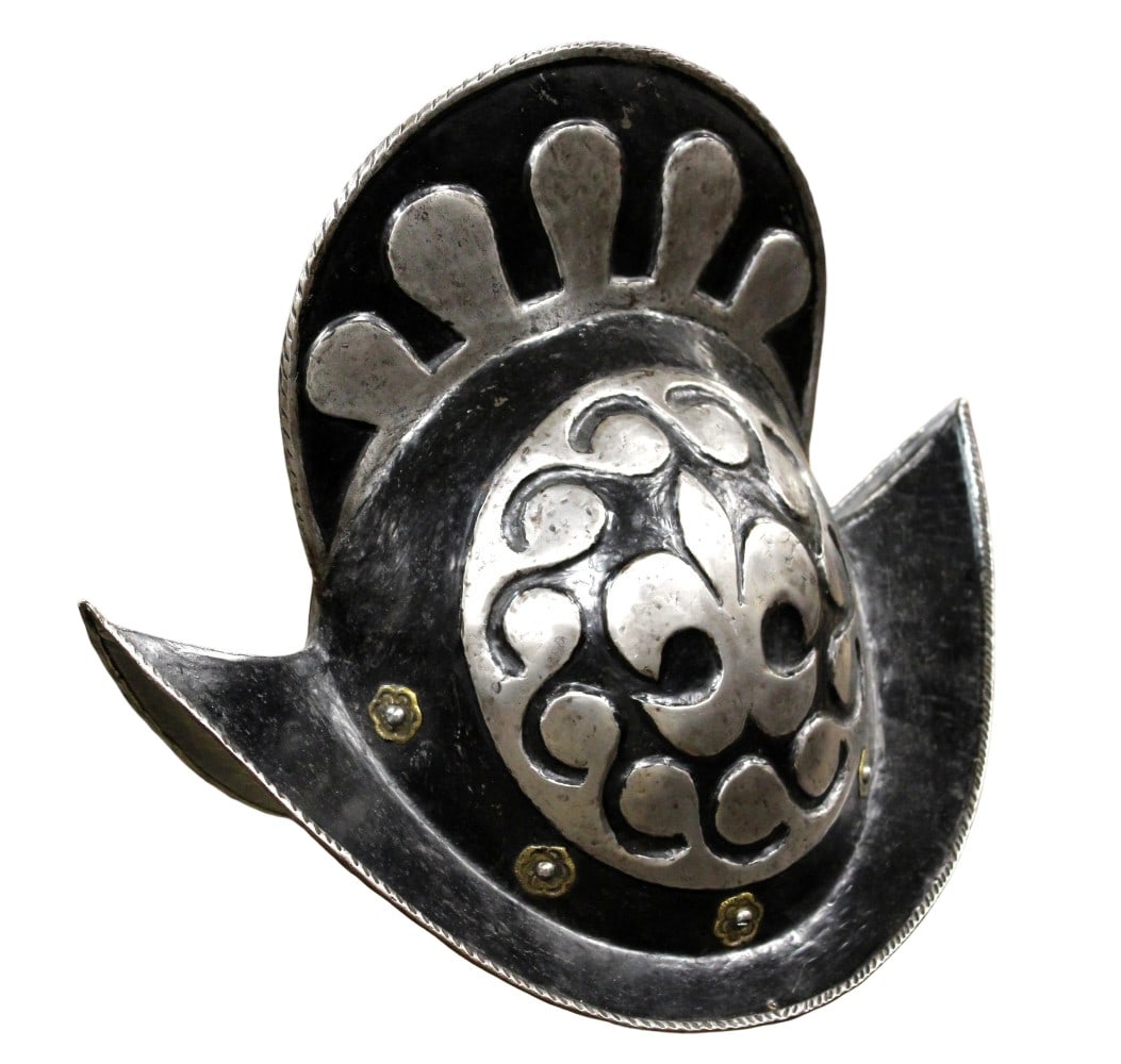 Rare, North German 16th Century (1580-1590) two piece crown with high medial comb: Antique - Rare, North German Black & White "COMB MORION", circa late 16th Century (1580-1590) two piece crown with high medial comb, decorated in relief at each side of crown with a "Fleur-De-Lis", an