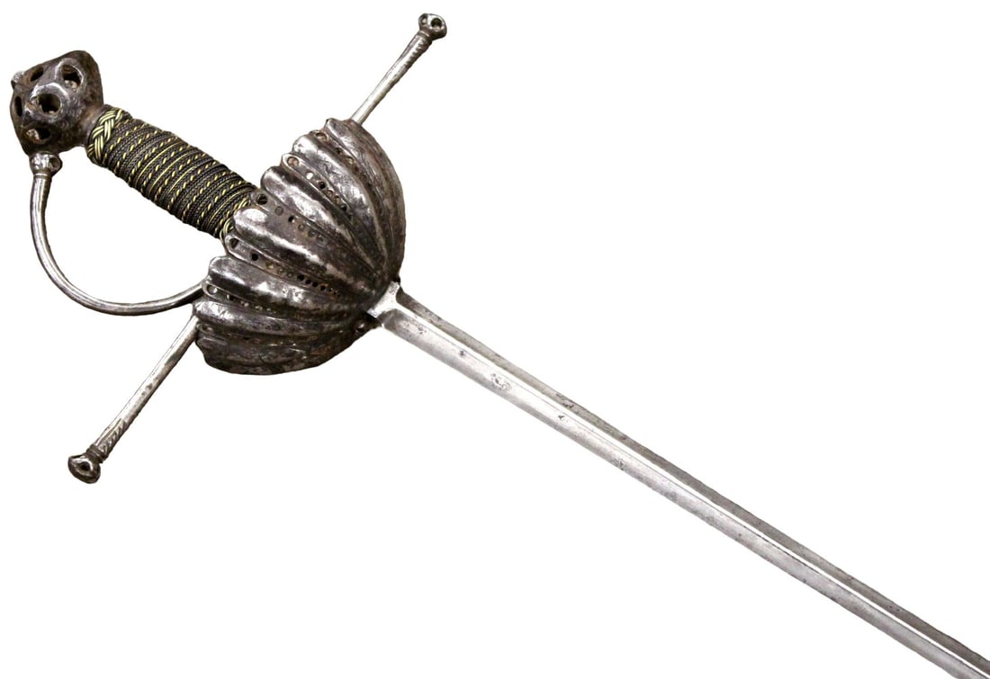 Long 17th C. Italian Musketeers Rapier Sword with Elaborate Pierced Deep Flower-cup Guard: Long 17th C. Italian Musketeers Rapier Sword with Elaborate Pierced Deep Flower-cup Guard, triangular in cross section blade and Fine Wired Grip. Total lenght : 42 3/4", Blade length : 35". ~ . Detail
