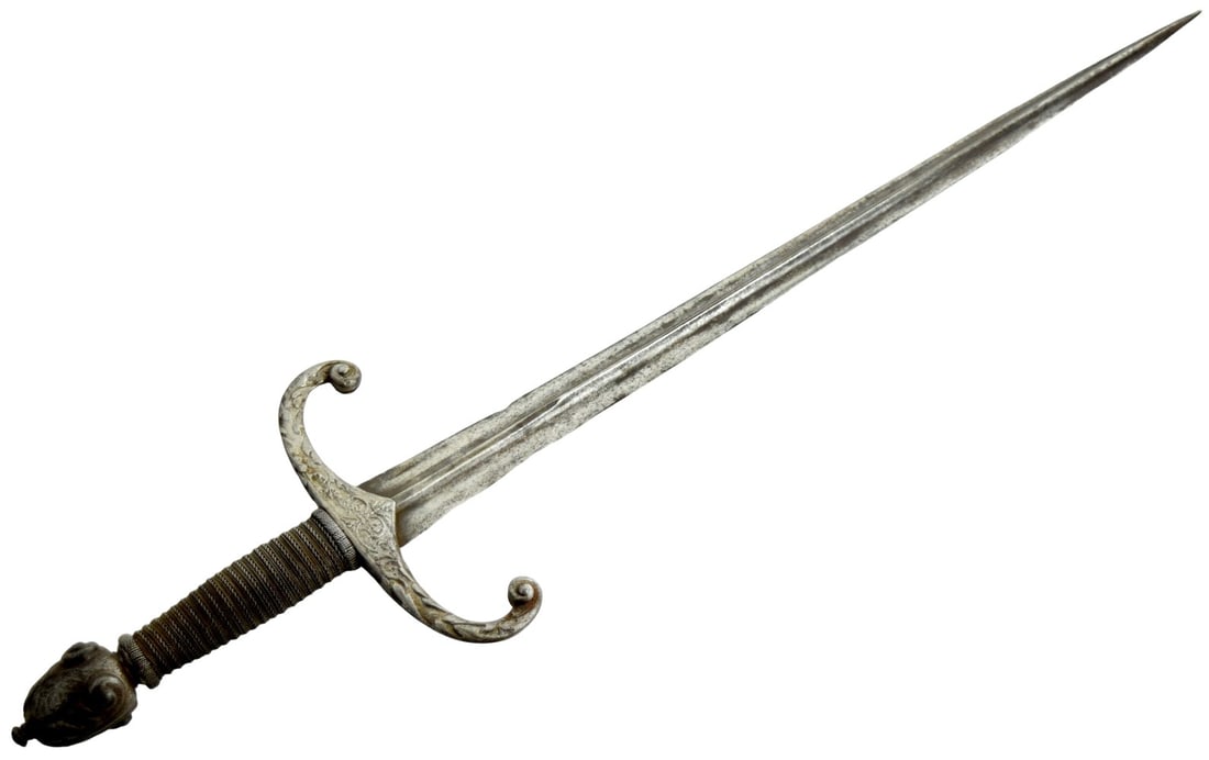 Unusually Long 17th Century Italian or German Left Hand Dagger: 17th Century Italian or German Left Hand Dagger. Unusually Long, hollow ground in cross cut section blade with nicely wire wrapped handle. Total length : 23 7/8 ", Blade length : 17 1/2". ~ . Detailed