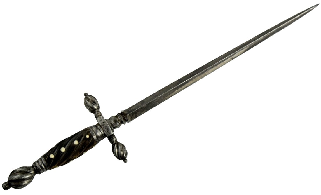 16th-17th C. Italian gunners stiletto dagger with Faceted Tapered Blade & Twist-Carved Inlaid Grip: 16th-17th C. Italian gunners stiletto dagger with Faceted Tapered Blade & Twist-Carved Inlaid Grip.Striking antique stiletto dagger, designed primarily for thrusting, featuring a long, rigid faceted s