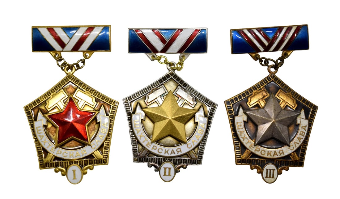 Russian Soviet Full Set of Miner Glory ~ 1st, 2nd & 3rd Classes: Russian Soviet Full Set of Miner Glory ~ 1st, 2nd & 3rd Classes. Instituted 28 October 1974, this award recognized outstanding achievements in the coal and mining industry.It was modeled structurally