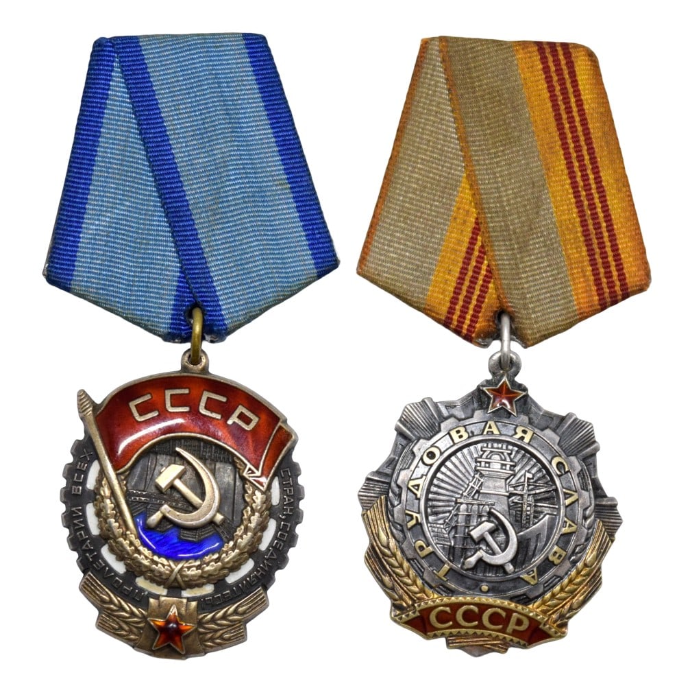 Two Russian Soviet Orders ~ Order of Red Banner of Labor and Labor Glory: Two Russian Soviet Orders ~ Order of Red Banner of Labor and Labor Glory Order of Red Banner of Labor. Number - 585520. Type 6. Suspension mounting. Reverse "Ring". Variant 2. On the obverse of the or