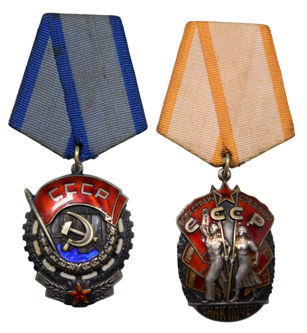 Two Soviet Russian Orders - Order of Red Banner of Labor & Badge of Honour: Two Soviet Russian Orders - Order of Red Banner of Labor & Badge of Honour Order of Red Banner of Labor, Number - 462397, Type 6. Suspension mounting. Reverse "Ring". Variant 2. On the obverse of the