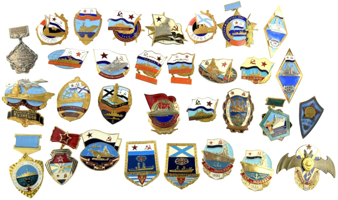 Mixed collection of 32 Soviet Navy commemorative badges,: Mixed collection of 32 Soviet Navy commemorative badges, primarily connected with surface ships, fleet service, and long-distance naval voyages of the USSR Navy. Main categories in this group 1. Ship-