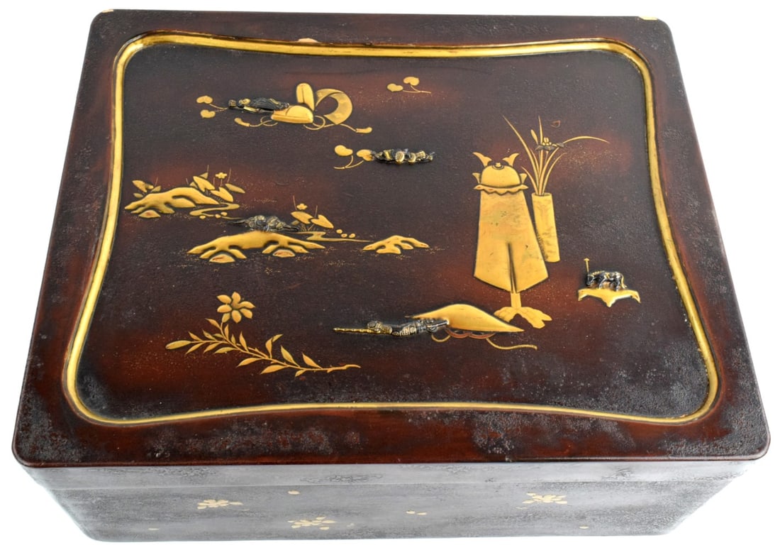 Antique Japanese Lacquer Box Menuki Decor: Very fine antique Meiji period lacquer box with lid decorated with five menuki from Samurai swords. Great details, superb piece of Japanese culture. Size: 6" x 15 1/2" x 12 1/2".~~ . Detailed conditio