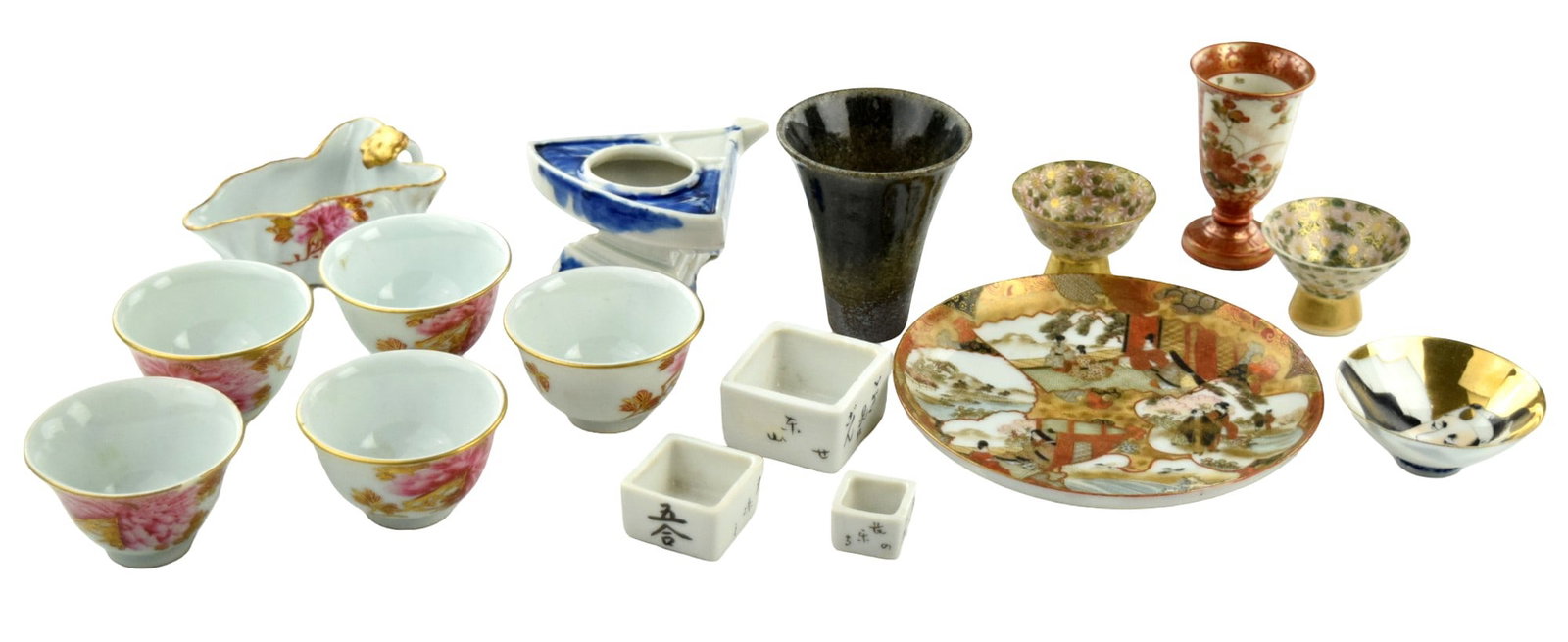 Lot of various antique Japanese sake shot glasses and a serving plate (1 of 18)