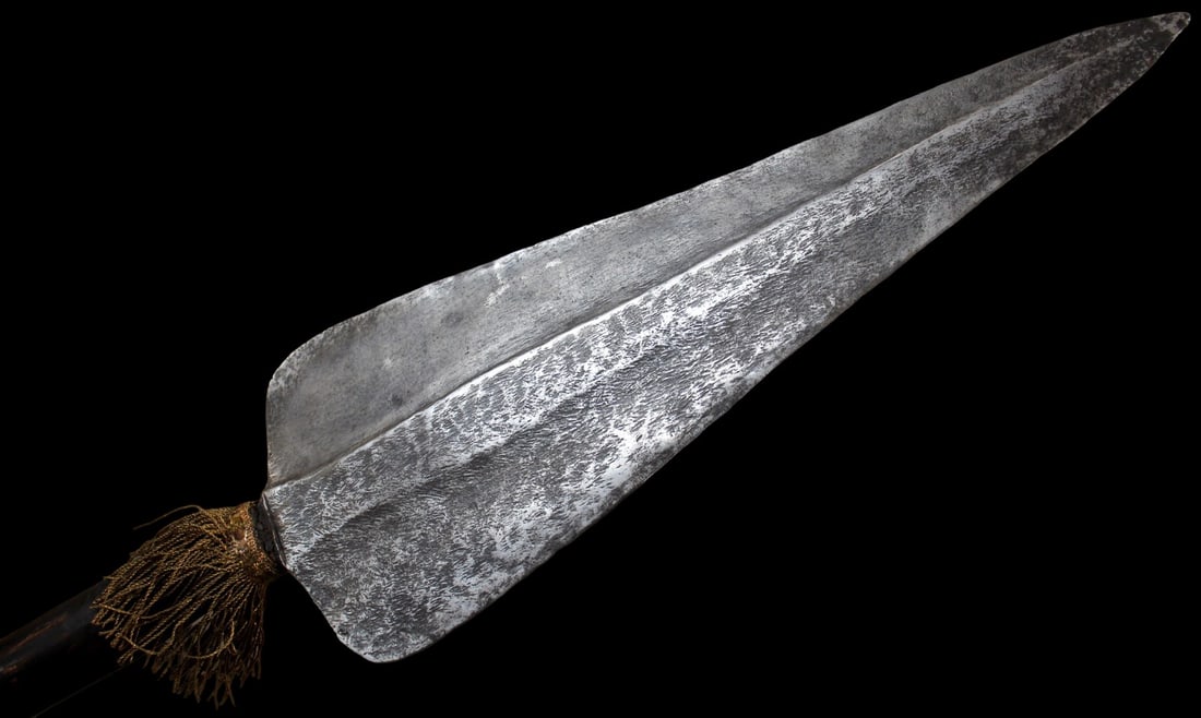 Victorian Period Partisan Polearm in 16thâ??17th Century Style: A well-crafted Victorian period partisan (partizan) polearm, executed in the style of 16thâ??17th century European examples. The head features a broad, leaf-shaped central blade with a pronounced med