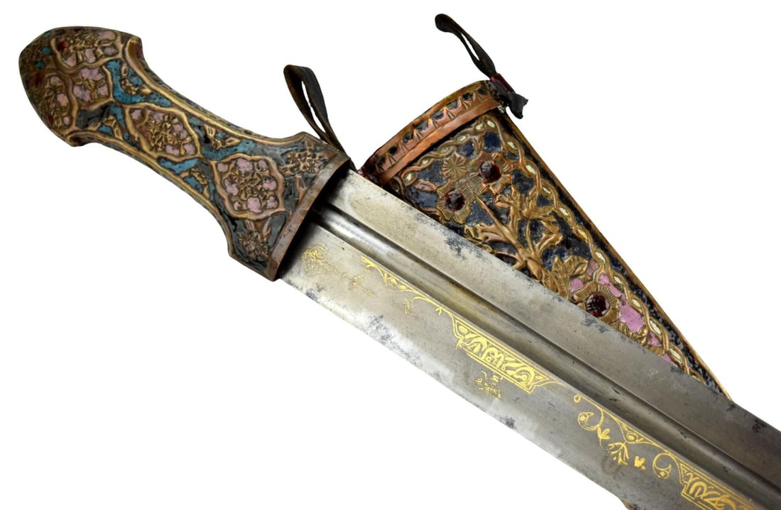 FINE LARGE ISLAMIC TURKISH ENAMEL ON COPPER GOLD INLAID ''QAMA'' DAGGER SWORD. MOST LIKELY WOOTZ (1 of 17)