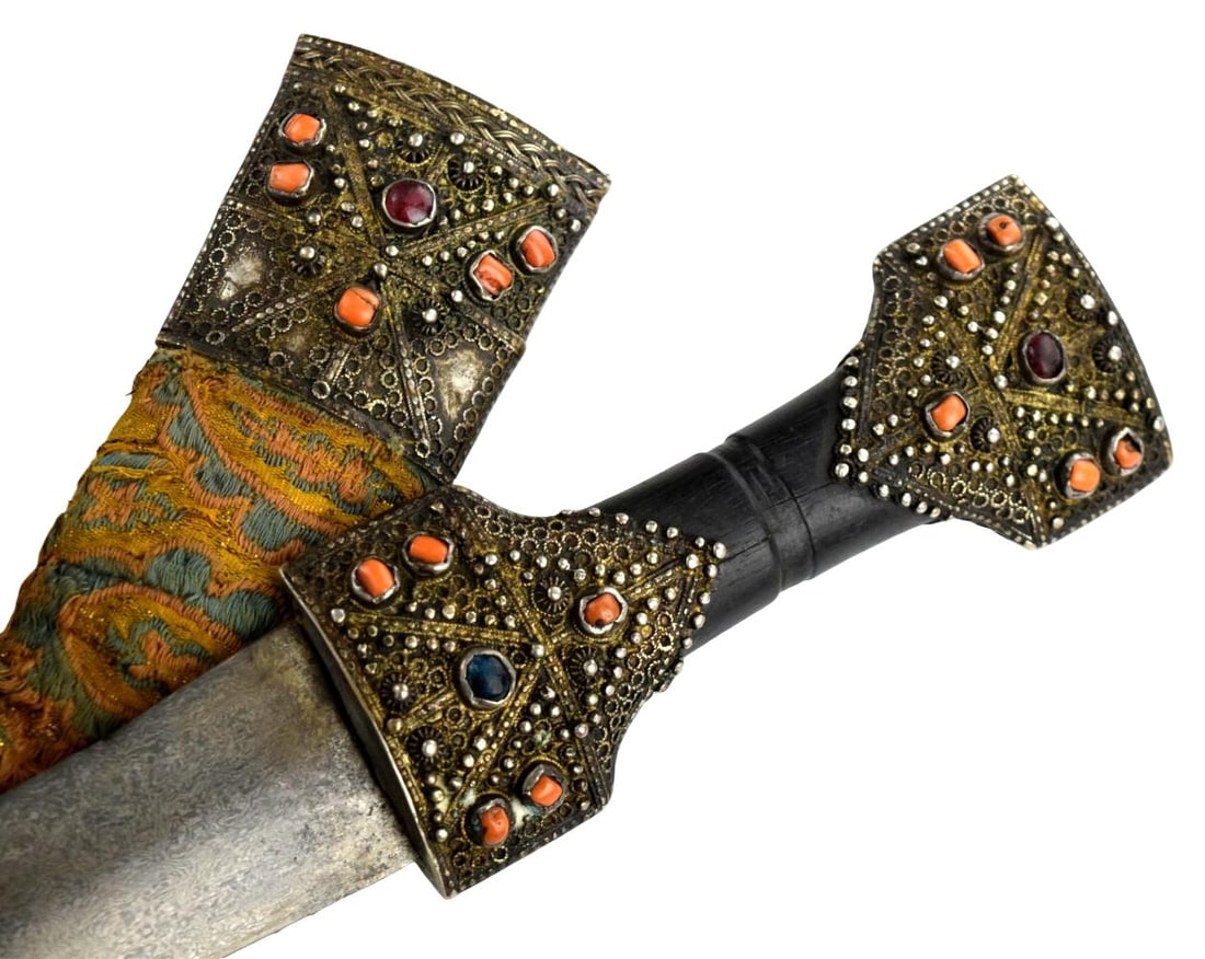 18th C. Ottoman Turkish Islamic Wootz Damascus JAMBIYA Dagger in Silver Mounts Decorated with Corals (1 of 20)