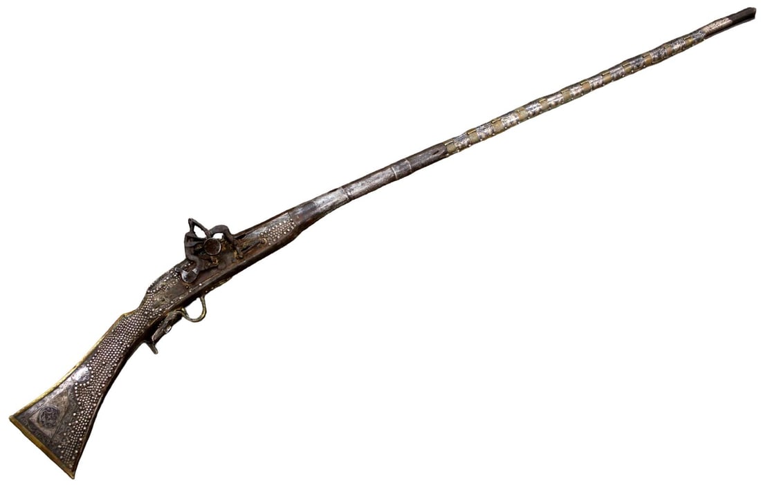 Beautiful Islamic Moroccan Nobleman's TAOUZILT or MOUKHALA Snaphounce Musket in Elaborate Niello: Beautiful Islamic Moroccan Nobleman's TAOUZILT or MOUKHALA Snaphounce Musket in Elaborate Niello Silver, Enamel & Jeweled Mounts. Total length: 58 3/4", Barrel length: 44 3/8". Detailed condition repo