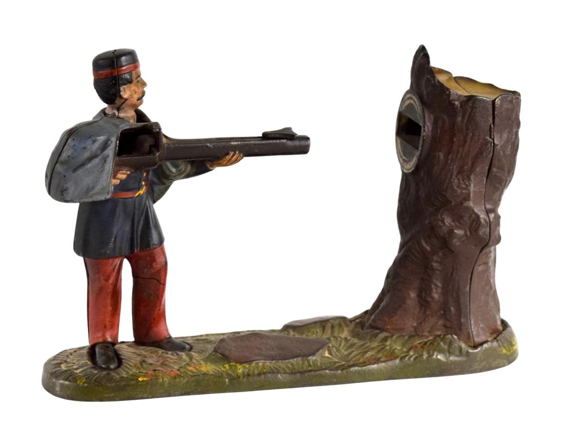 American J. & E. Stevens Painted Cast Iron Creedmoor Mechanical Bank (1 of 9)