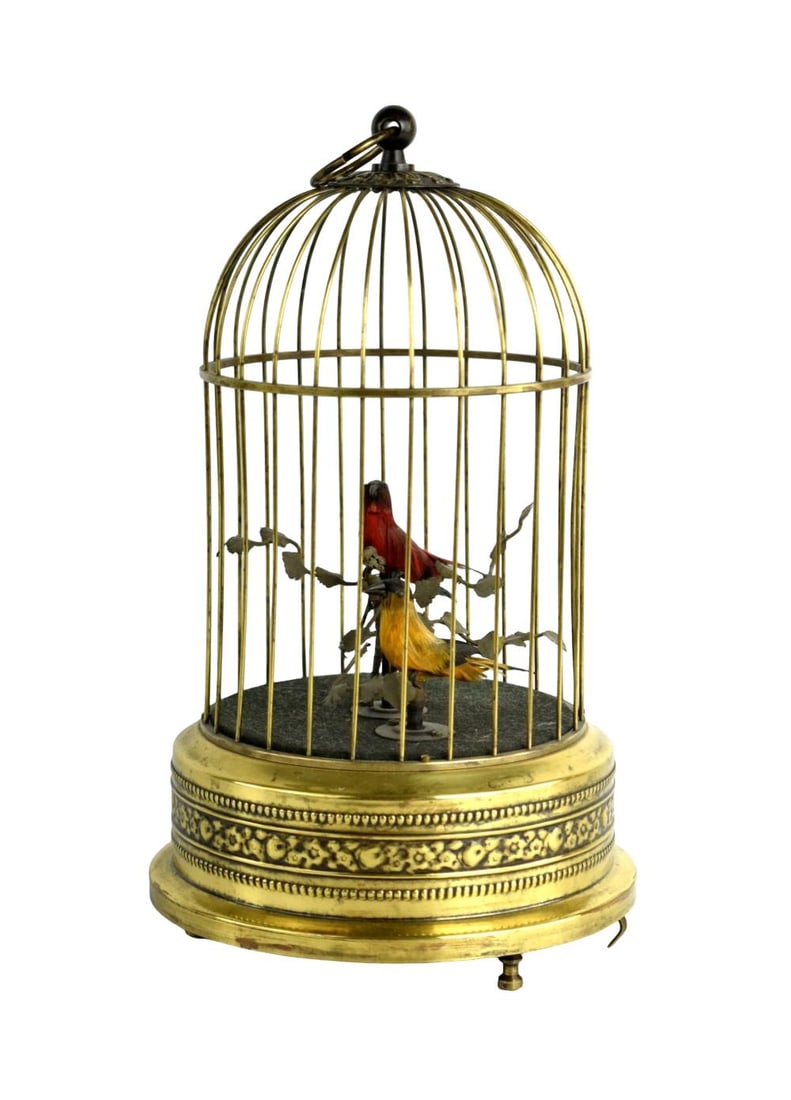 Mid-Century German Singing Bird Automaton in Brass Cage Two Birds (1 of 10)