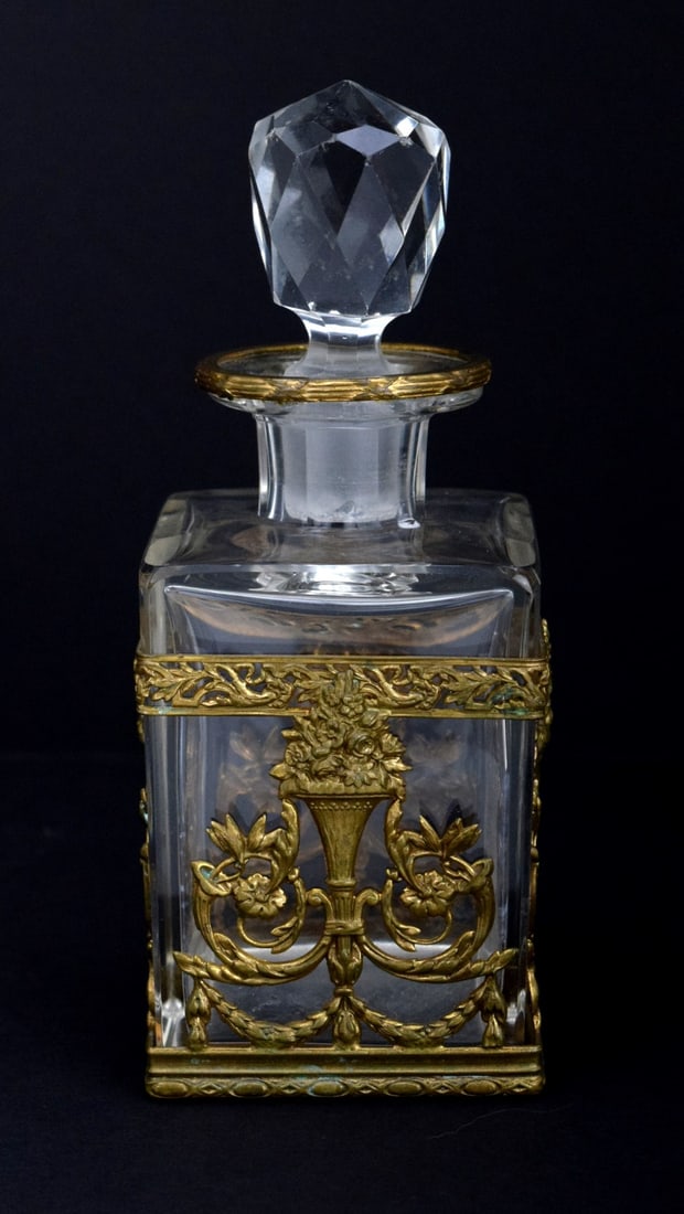 Very Fine Antique Ormolu Bronze Mounted Etched Glass French Perfume Scene Bottle: Very fine antique French ormolu bronze mounted four sides etched glass perfume/scene bottle. Bottle is 6.5" tall (with stopper). Unmarked. For additional images please visit sofedesignaucti