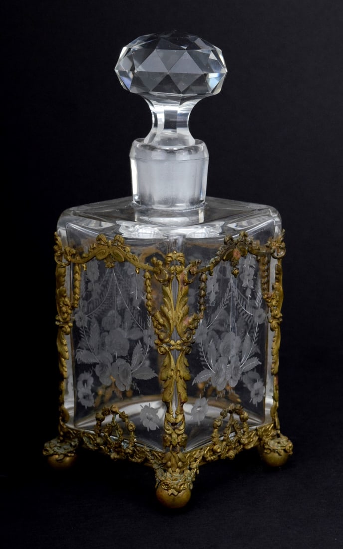 Antique Ormolu Bronze Mounted Glass French Perfume Scene Bottle: Very fine antique French ormolu bronze mounted four sides etched glass perfume/scene bottle. Bottle is 6.5" tall (with stopper). For additional images please visit sofedesignauctions.com