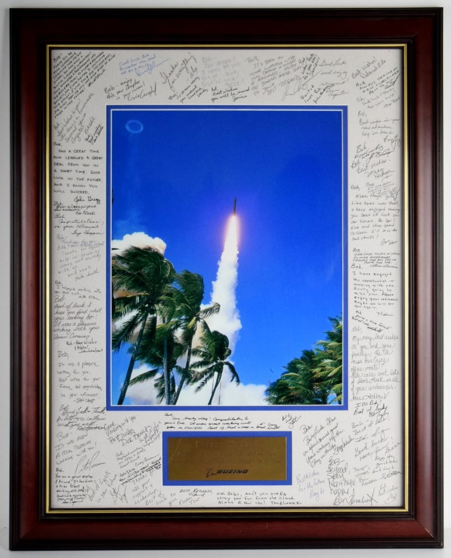 Robert S. Bell The Boeing Company Signed Retirement Plaque: Robert S. Bell 15 years dedication to The Boeing Company retirement plaque. Signed by all team members. Size: 25" x 20" framed; 20" x 16" unframed. For additional images please visit