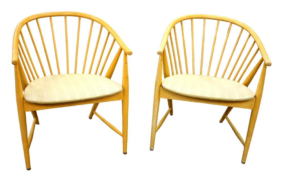 Pair Blonde Spindle Sun Feather Armchairs by Sonna Rosen Sweden c.1950's: A Swedish design classic, the "Sun Feather" chair was designed by Sonna Rosen in 1948 for Nassjo Stolfabrik of Sweden. The fan of spindles that fan out from the back are reminiscent of Shaker designs 
