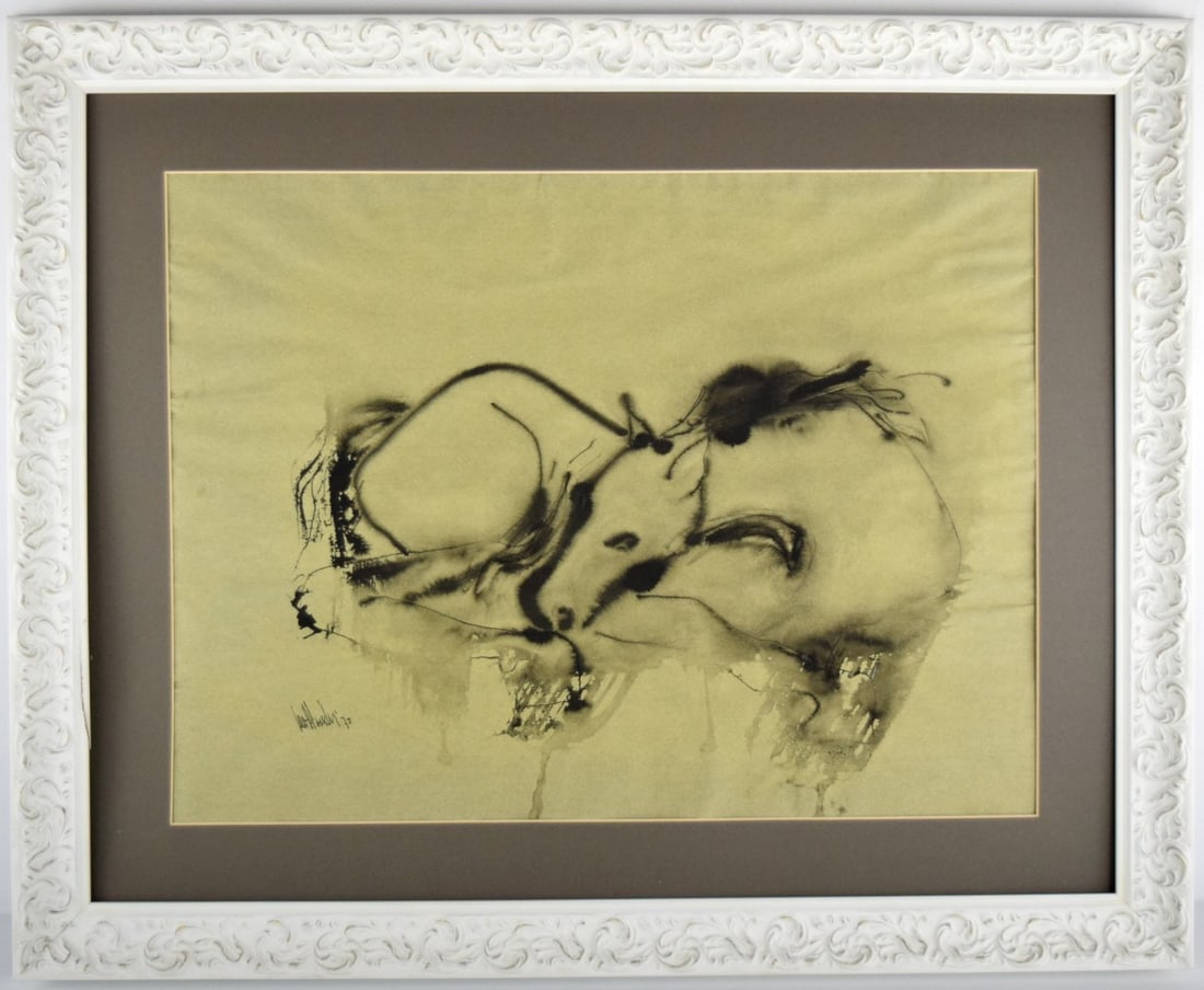 American Gino Hollander Mixed Media Horse Painting: Mixed media abstract painting by well listed American artist Gino Hollander (1924-2015). Signed and dated lower left. Size: 27 1/2" x 33" framed; 18 1/2" x 24 1/2" unframed. For additional images plea