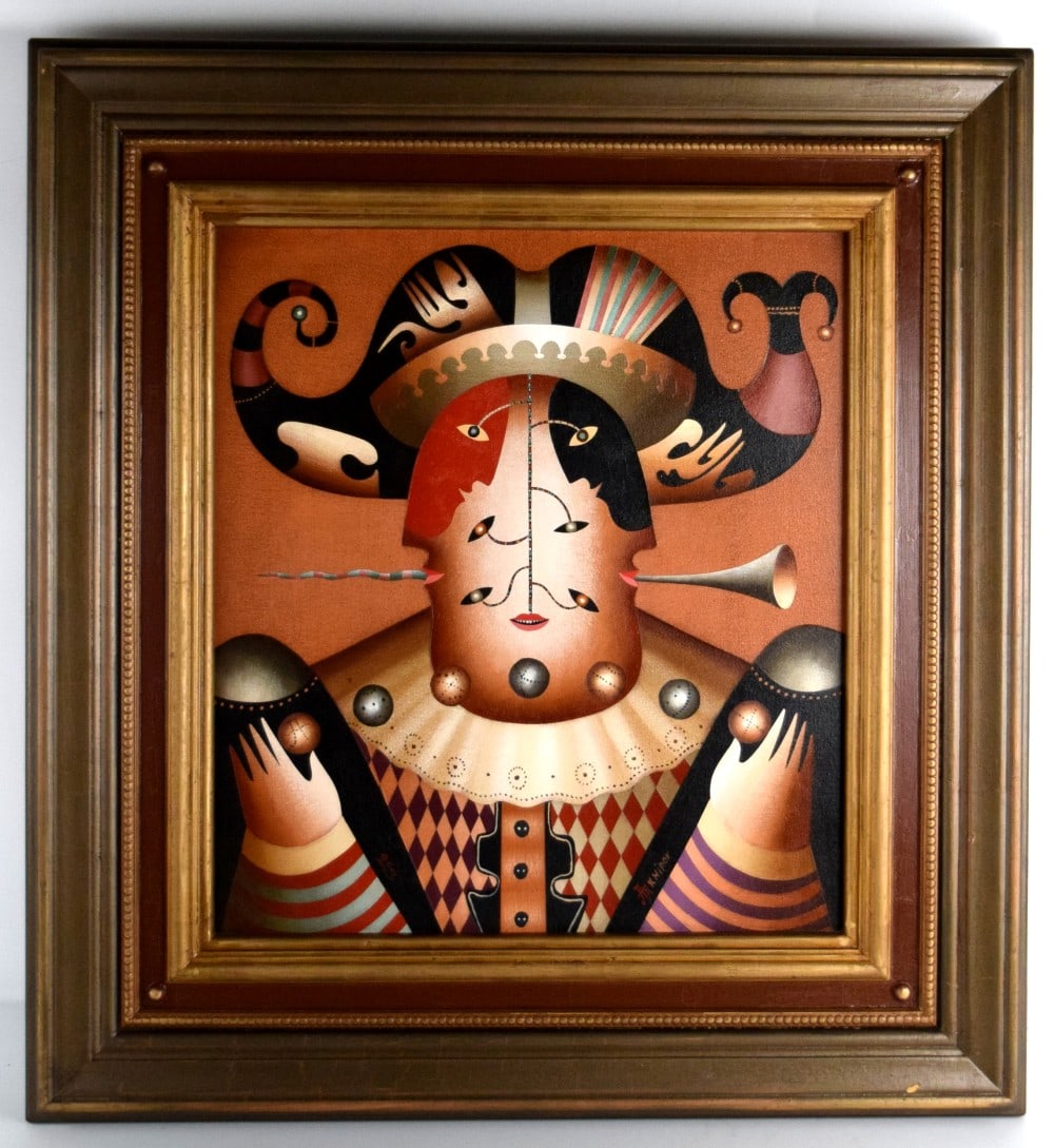 Russian Anton Arkhipov Juggler 2001 Painting: 2001 Painting "Juggler" by listed Russian artist Anton Arkhipov (b.1964). Signed lower right. Titled and dated verso. Artist made custom frame. Size: 29 1/2" x 27 1/2" framed; 19 1/2" x 17 1/2" unfram