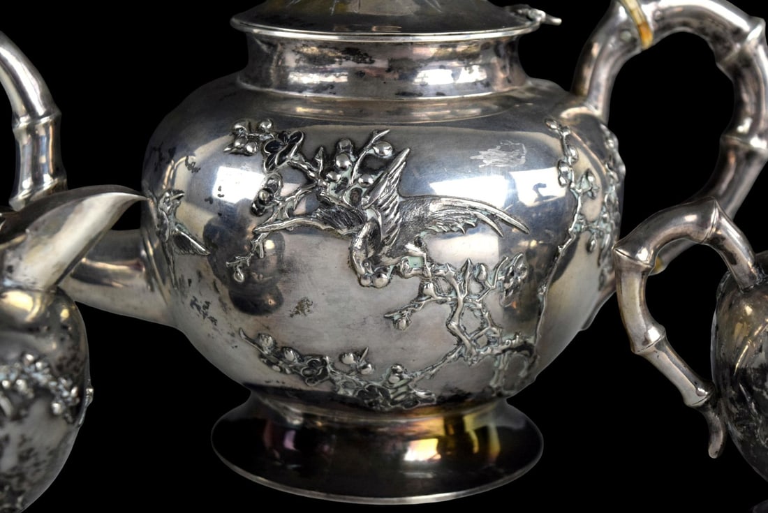 Chinese Export Golden Dragon Workshop Pure Silver Tea Set - 10