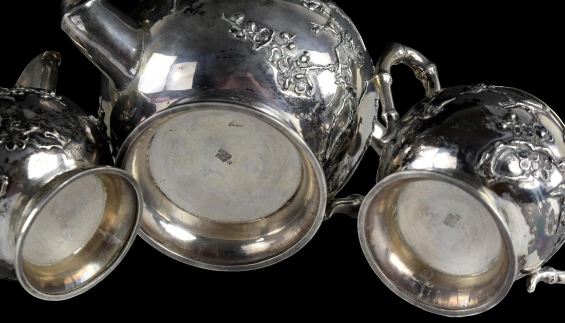 Chinese Export Golden Dragon Workshop Pure Silver Tea Set - 12