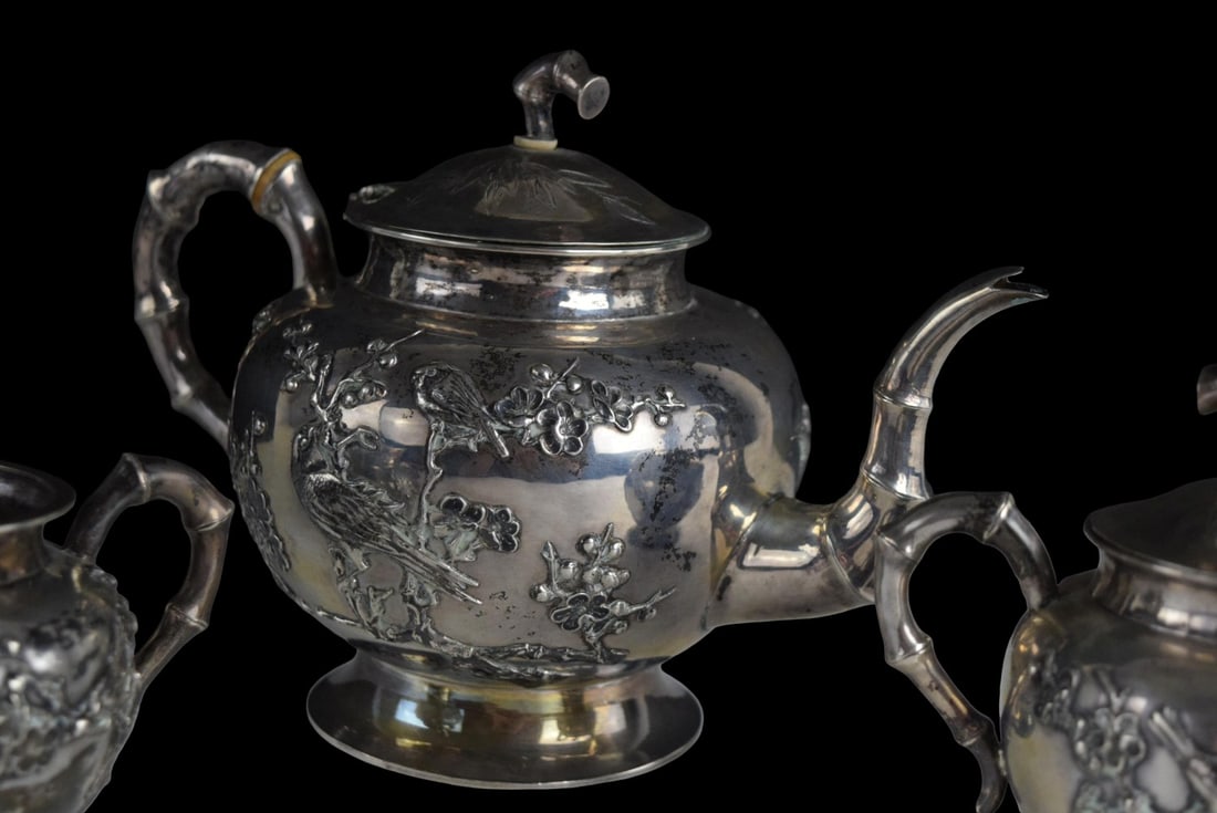 Chinese Export Golden Dragon Workshop Pure Silver Tea Set - 3