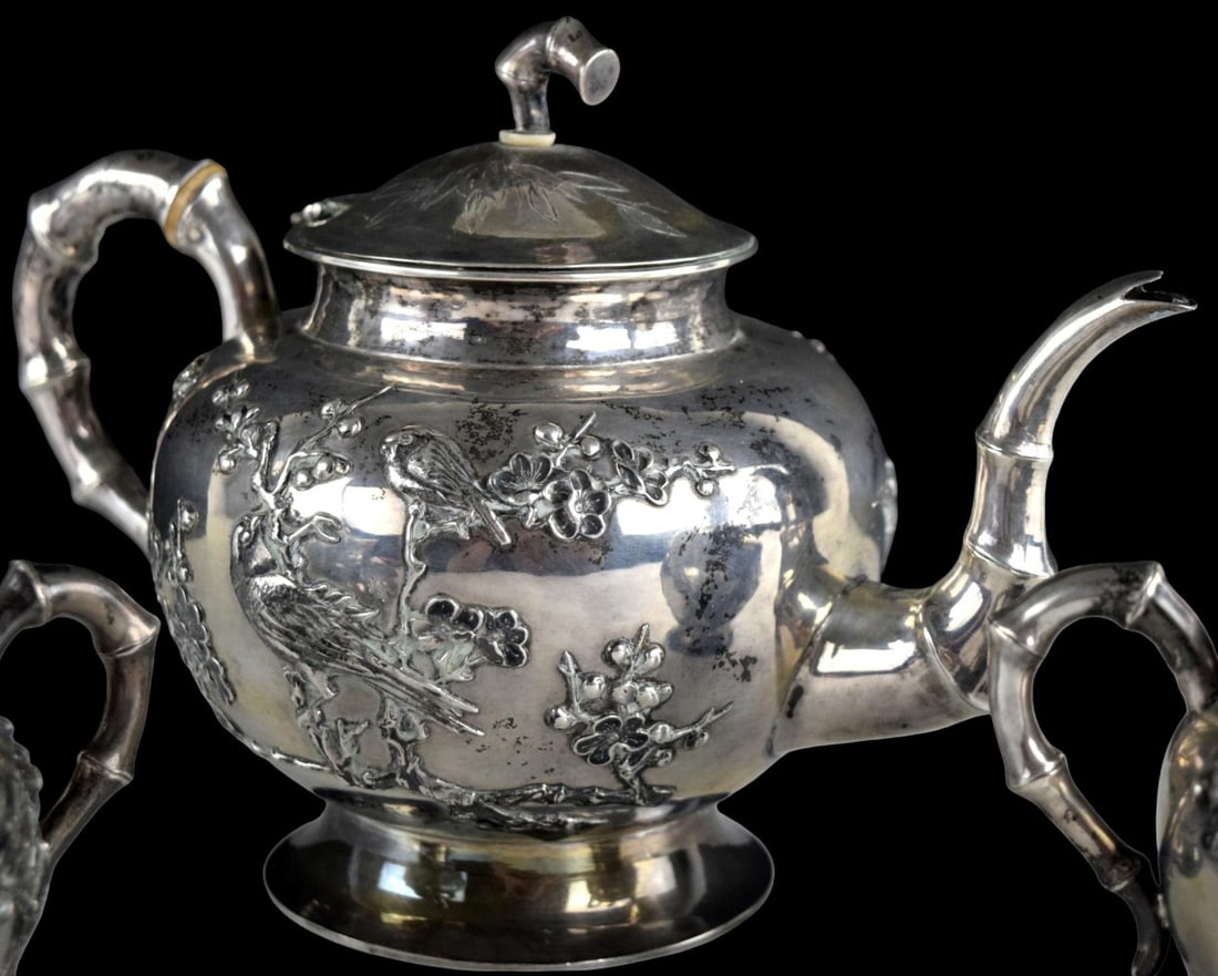 Chinese Export Golden Dragon Workshop Pure Silver Tea Set - 4